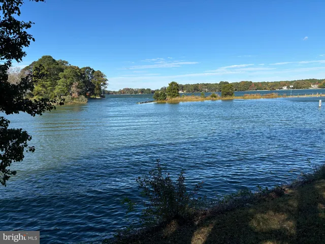 a view of a lake with houses in the back