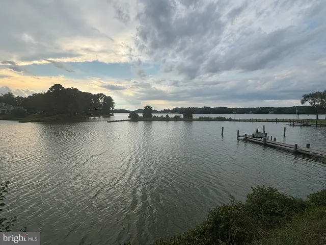 a view of a lake with houses in back