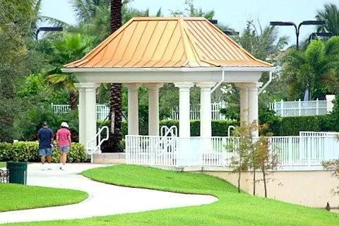 a view of a swimming pool with a garden and plants