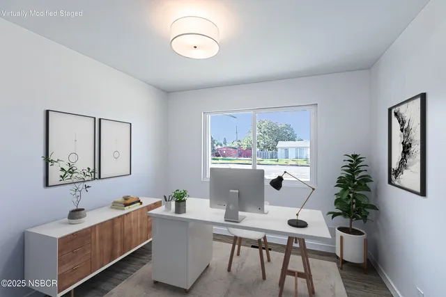 a living room with furniture and a potted plant