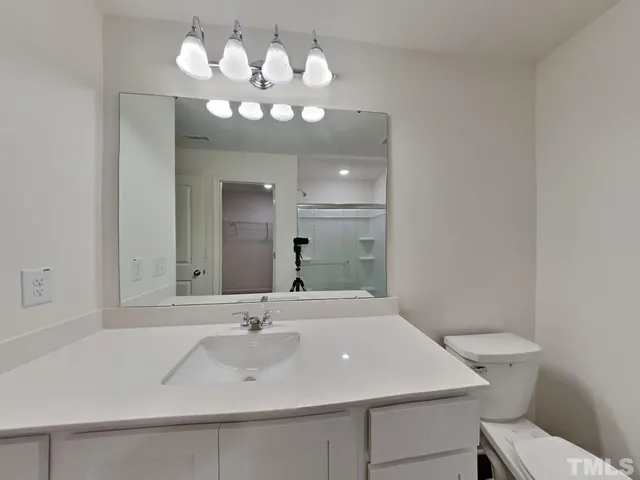 a bathroom with a sink a large mirror and a toilet