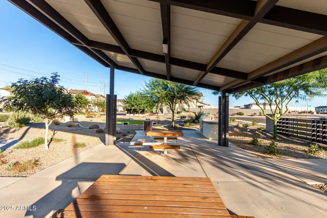 a building outdoor space with seating