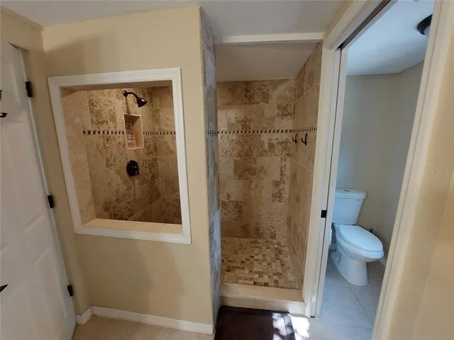 a bathroom with a shower and toilet