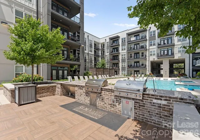 a view of a patio with couches table and chairs potted plants and large tree