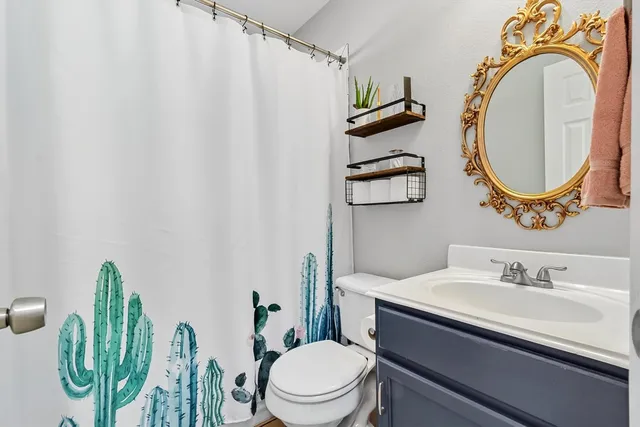 a bathroom with a toilet a sink and a mirror