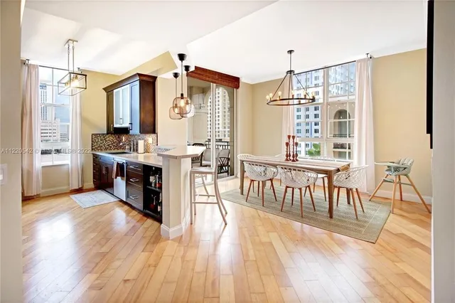 a view of a dining room with furniture window and wooden floor