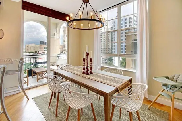 a view of a dining room with furniture window and outside view