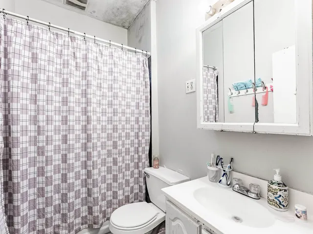 a bathroom with a sink a toilet and shower curtain