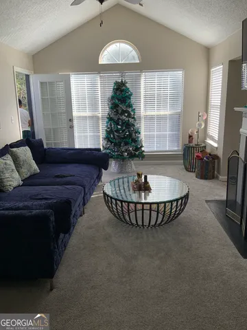 a living room with furniture and a potted plant