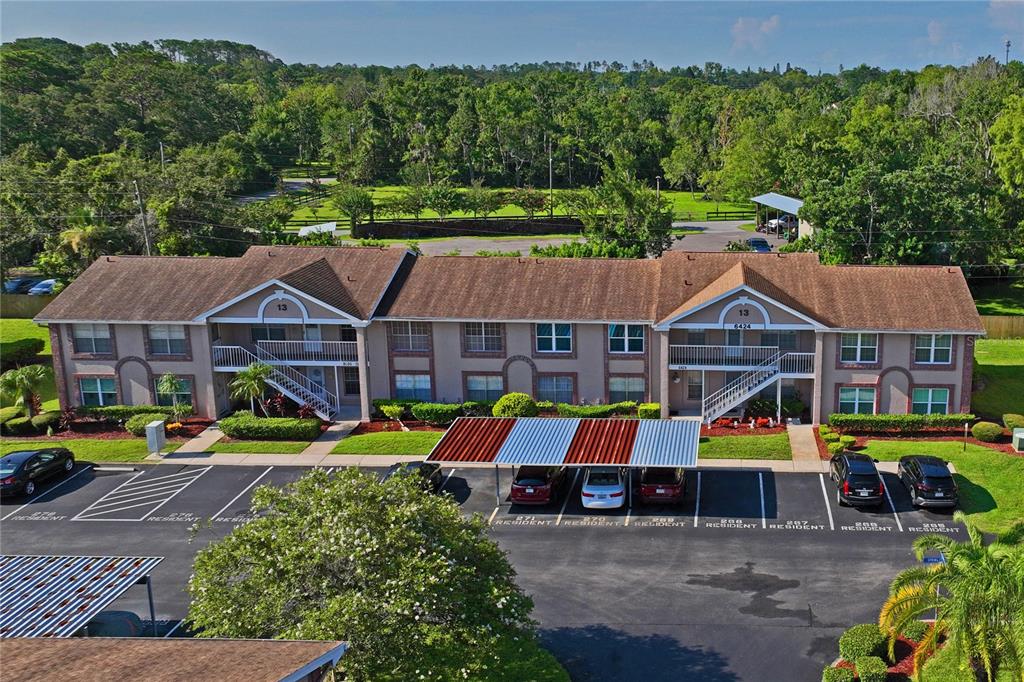 6424 Spring Flower Drive, Unit 24 New Port Richey, FL 34653 - Photo 34 of 66 an aerial view of a house with a big yard and large trees