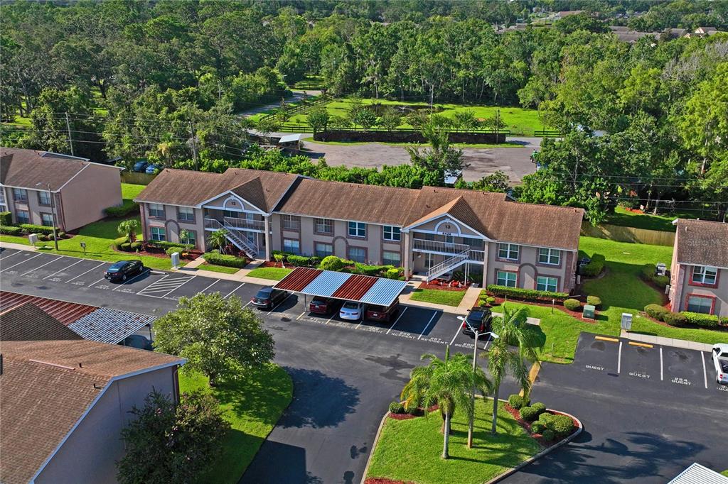6424 Spring Flower Drive, Unit 24 New Port Richey, FL 34653 - Photo 35 of 66 an aerial view of a house with a big yard and a large tree