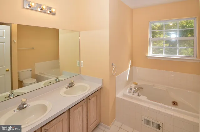 a bathroom with a tub sink and mirror