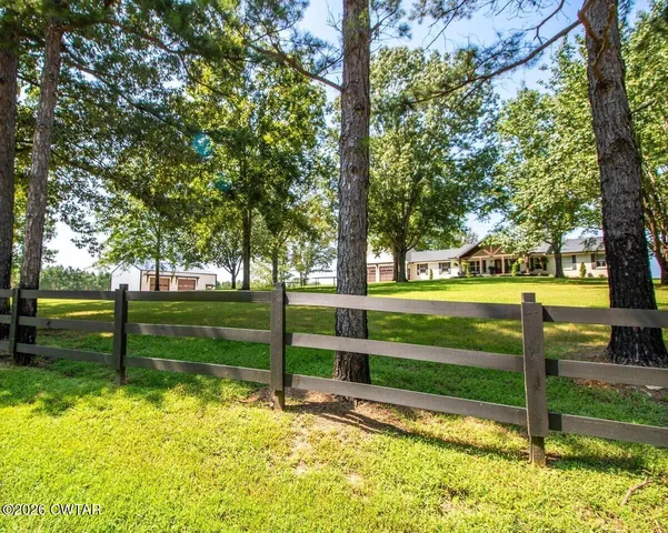 a view of a park with large trees