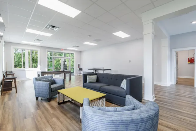 a living room with furniture a flat screen tv and windows