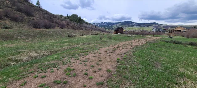 a view of a town with large trees