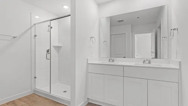 a bathroom with a shower and a sink