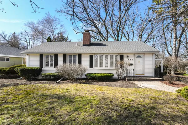 a front view of a house with yard and green space