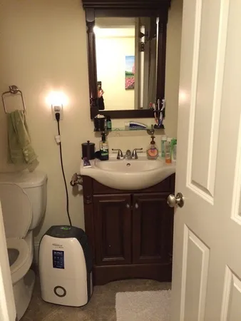 a bathroom with a sink a toilet and mirror