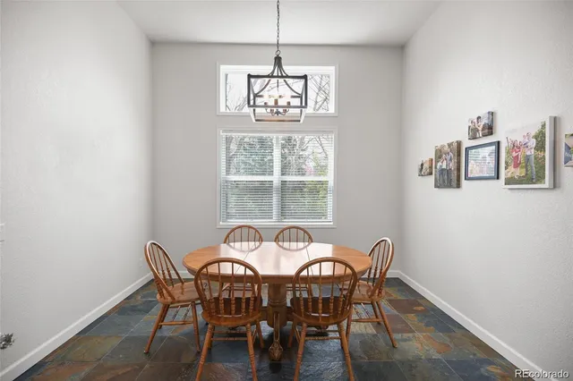 a view of a dining room with furniture window and outside view