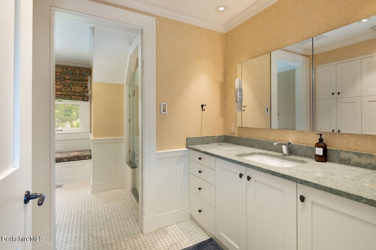 50 E Road Alford, MA 01266 - Photo 34 of 60 a bathroom with a granite countertop sink and a mirror