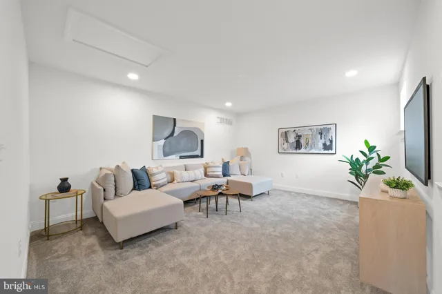 a living room with furniture and a potted plant