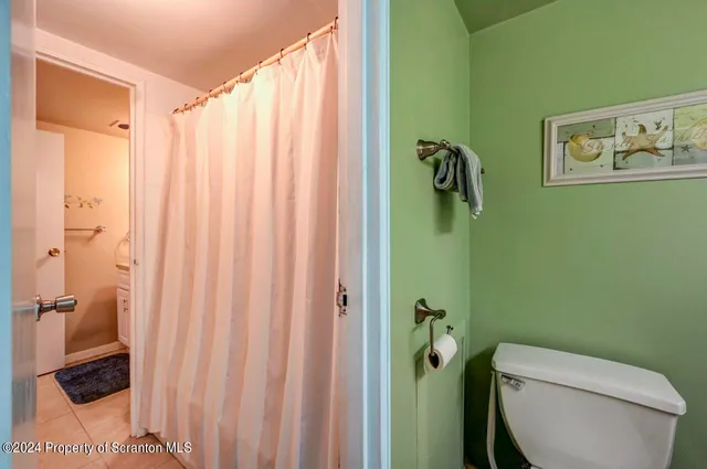 a bathroom with a shower and a toilet