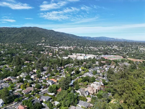 an aerial view of residential houses with outdoor space and trees