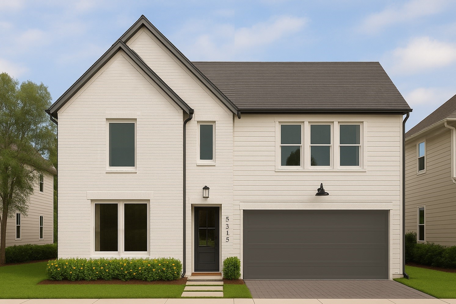 Stylish two-story home with crisp white exterior, modern window design, and a two-car garage. Inviting covered entry and clean, low-maintenance curb appeal with neat landscaping create a welcoming first impression.
