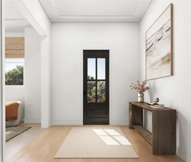 a workspace with furniture and window