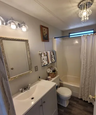 a bathroom with a sink mirror toilet and shower