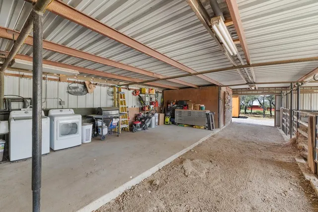 a view of a garage with storage