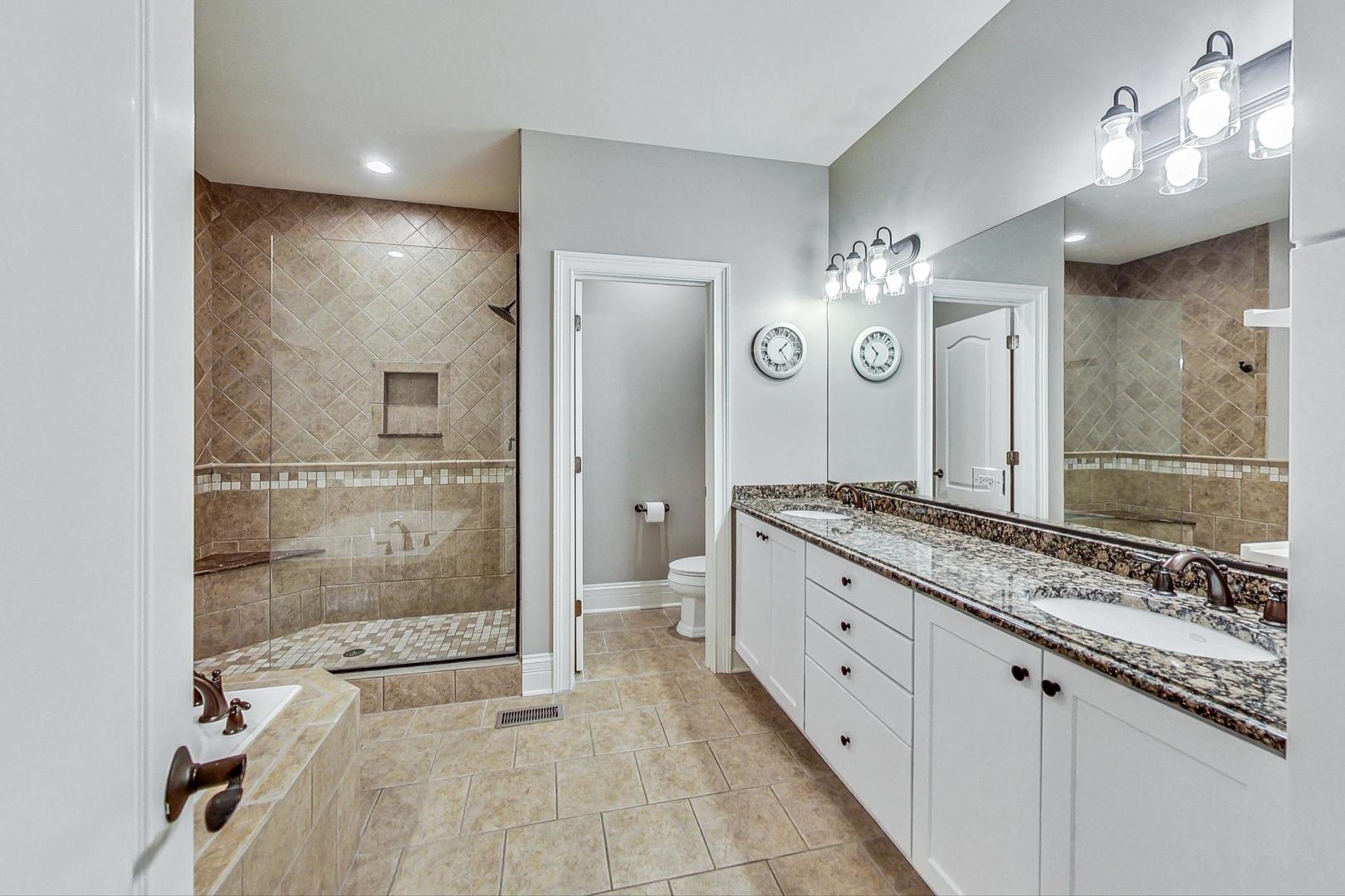 1450 East Northwest Highway, Unit 13 Arlington Heights, IL 60004 - Photo 22 of 33 a spacious bathroom with a granite countertop sink mirror and shower