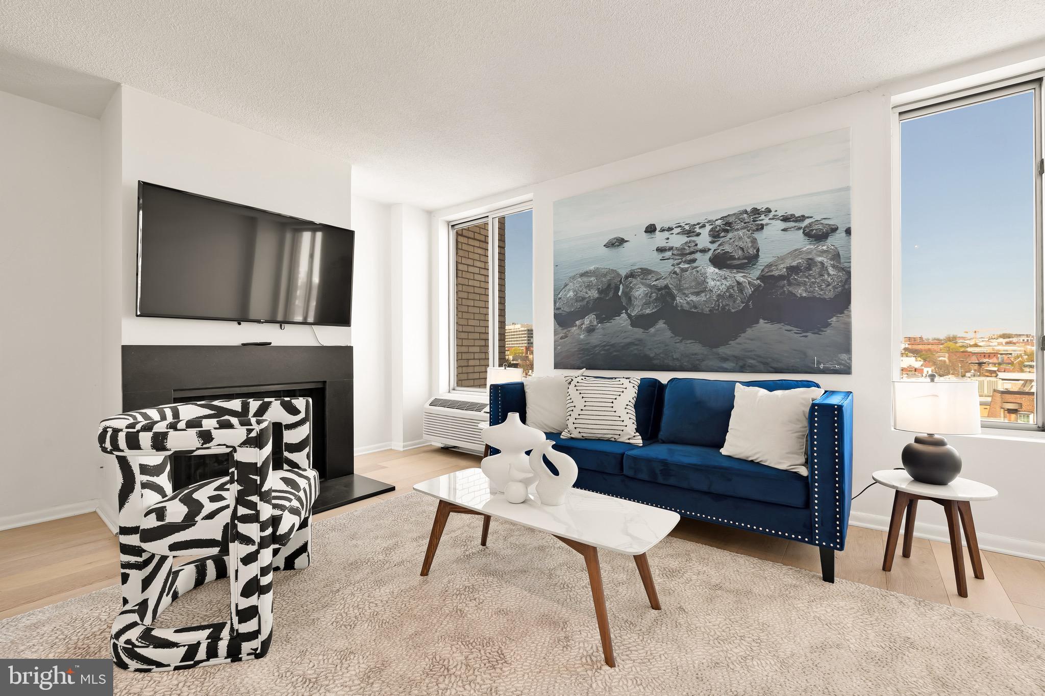 1800 R Street Northwest, Unit 807 Washington, DC 20009 - Photo 5 of 23 a living room with furniture a fireplace and a flat screen tv