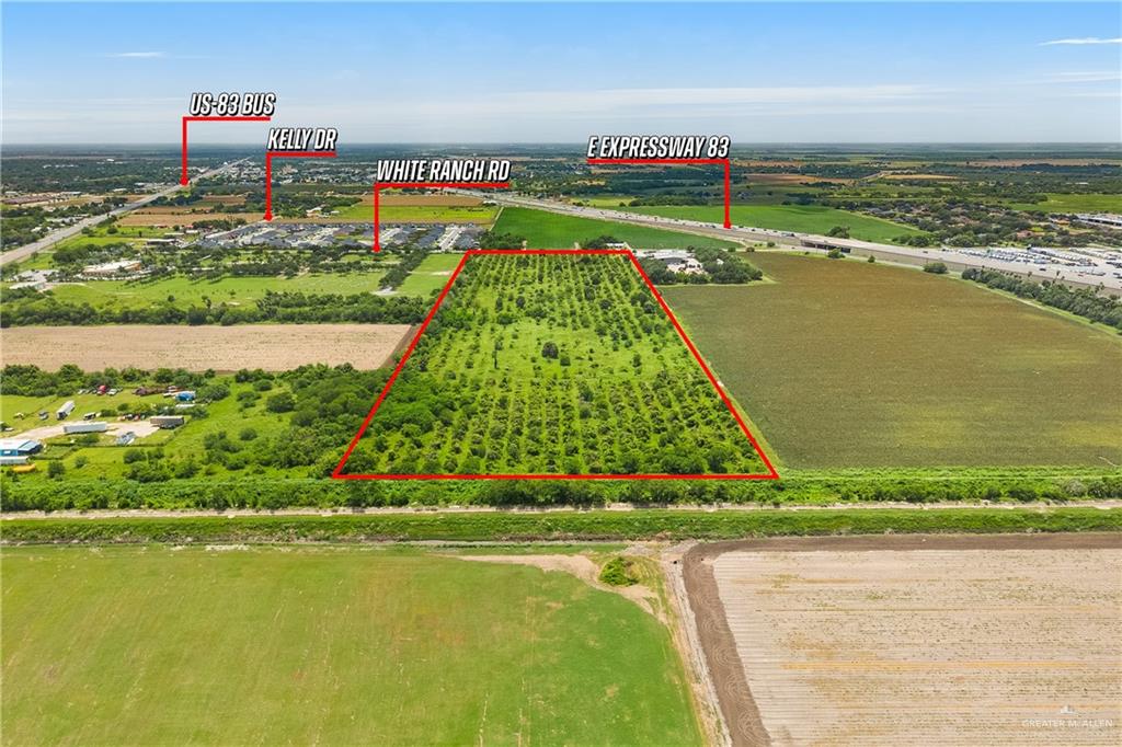 0 North White Ranch Road La Feria, TX 78559 - Photo 4 of 6 Aerial perspective showcasing a large parcel of land outlined in red, featuring rows of cultivated trees