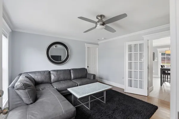 a living room with furniture a rug potted plant and a window