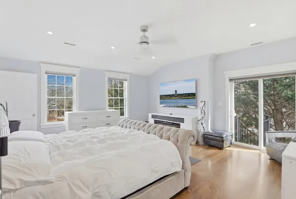 a spacious bedroom with a bed and glass windows