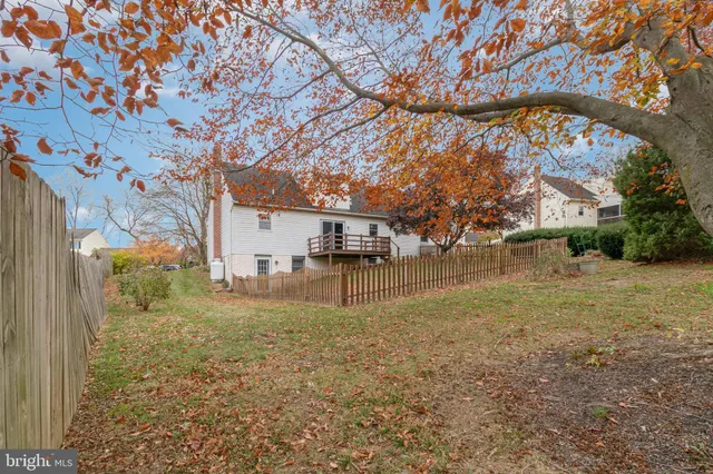 a view of a yard in front of a house with a large tree