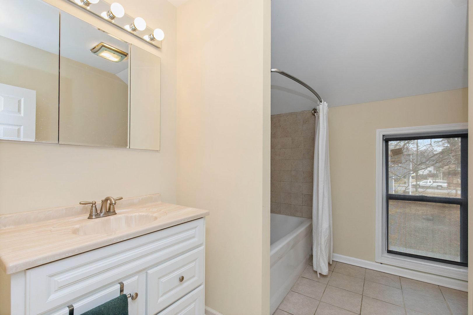 162 Park Street Hampshire, IL 60140 - Photo 18 of 25 a bathroom with a shower sink vanity and mirror