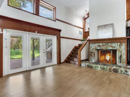 a living room with wooden floor and a fireplace