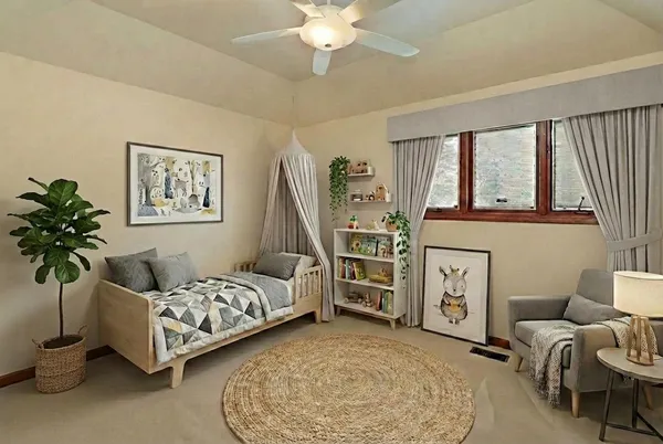 a bedroom with furniture and a chandelier