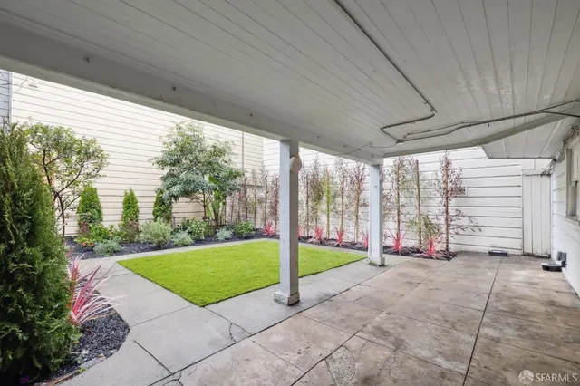 a view of a backyard with plants and large trees