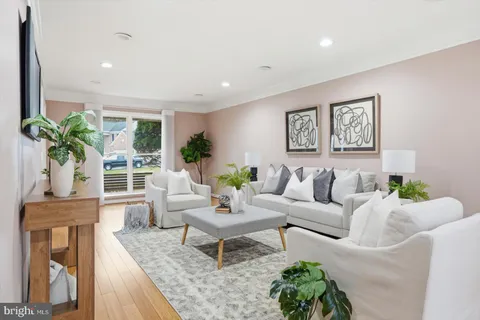 a living room with furniture potted plant and a large window
