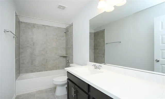 a bathroom with a sink a toilet a mirror and bathtub