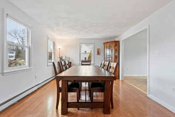 a view of a dining room with furniture window and wooden floor