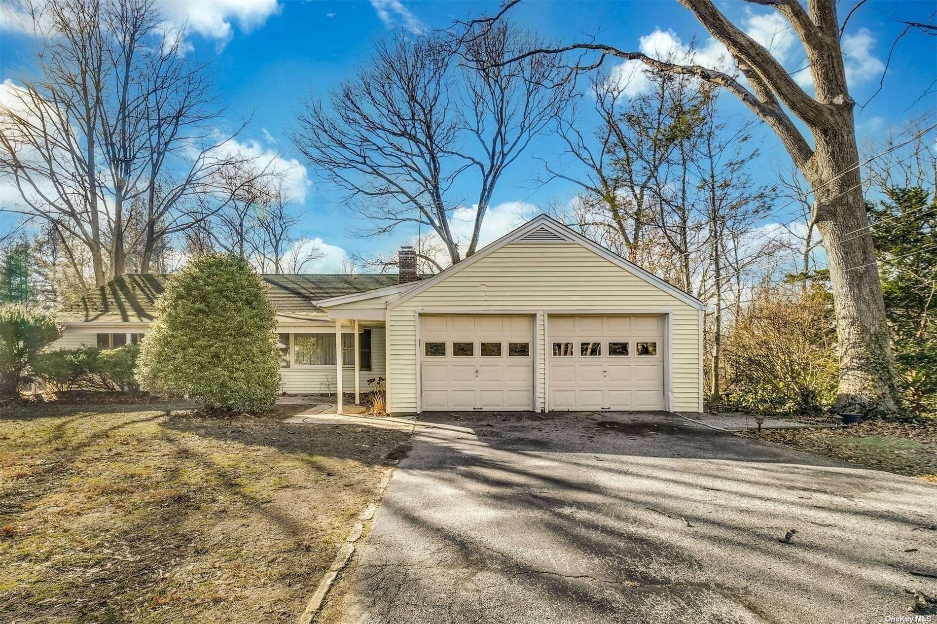 a view of a white house with a large tree