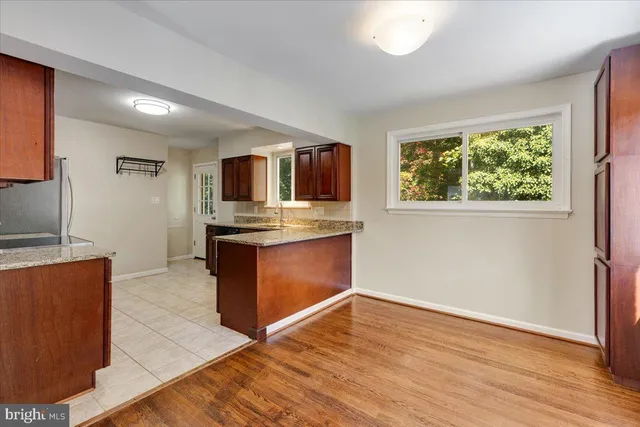 a view of kitchen with wooden floor and electronic appliances