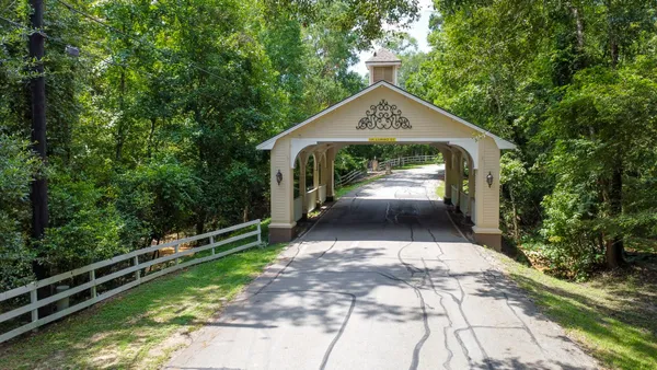 a view of a pathway of a park with large trees