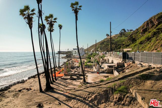 a view of a ocean with boats and palm tree