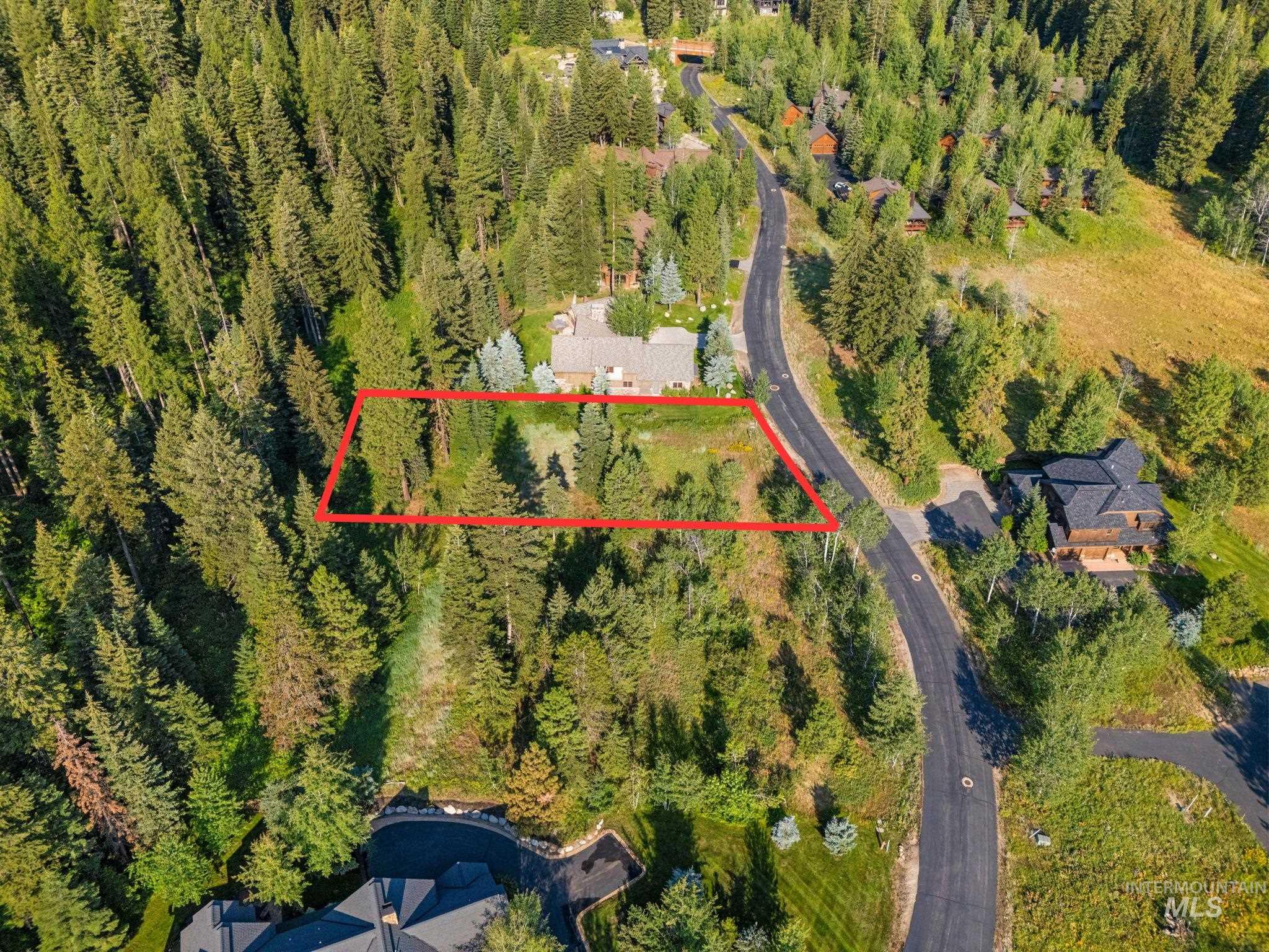 459 Discovery Drive Cascade, ID 83611 - Photo 2 of 17 Aerial overview of property's location featuring a forest and property boundaries highlighted