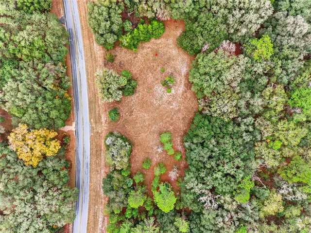 an aerial view of residential houses with outdoor space and trees